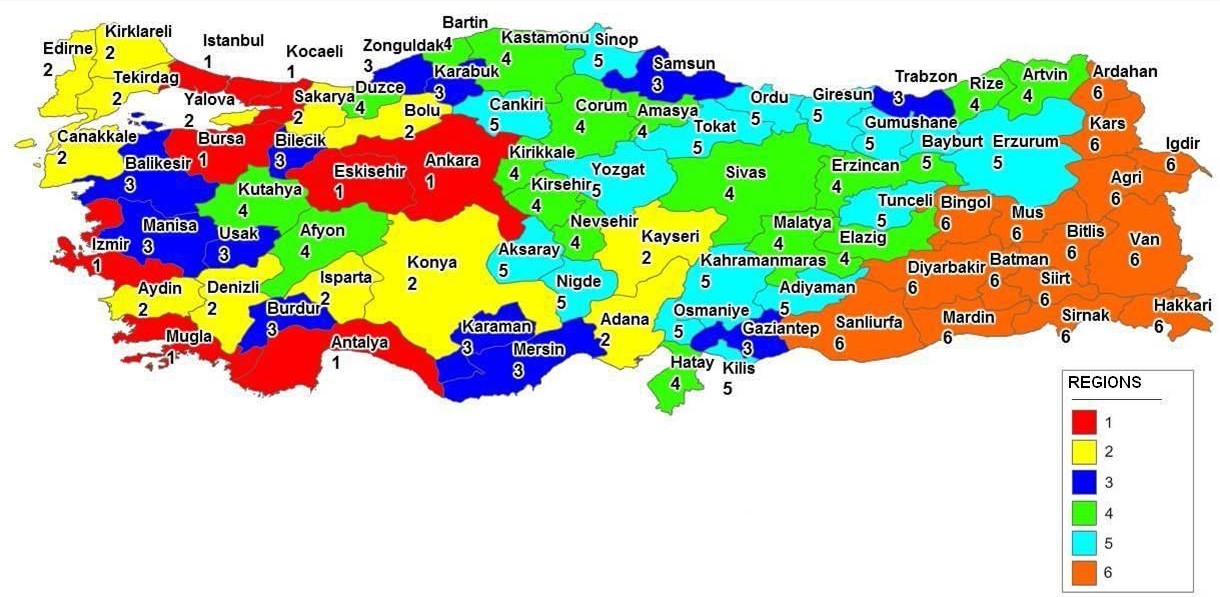 Map of Turkey showing the six regions for the Regional Investment Incentives Scheme